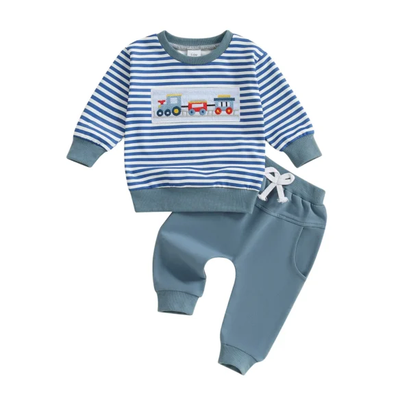 Toddler Baby Boy Fall Winter Outfit Striped Truck Embroidered Long Sleeve Sweatshirt Elastic Waist Pants 2 Piece Set