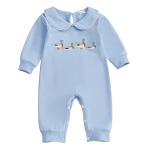Baby Boy Girl Sweatshirt Romper Duck Embroidered Doll Collar Long Sleeve Jumpsuit Cute Farm Clothes