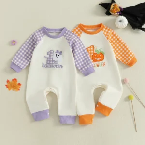 Baby Jumpsuit, Long Sleeve Crew Neck Plaid Embroidery Newborn Romper Halloween Baby Clothes for Girls Boys